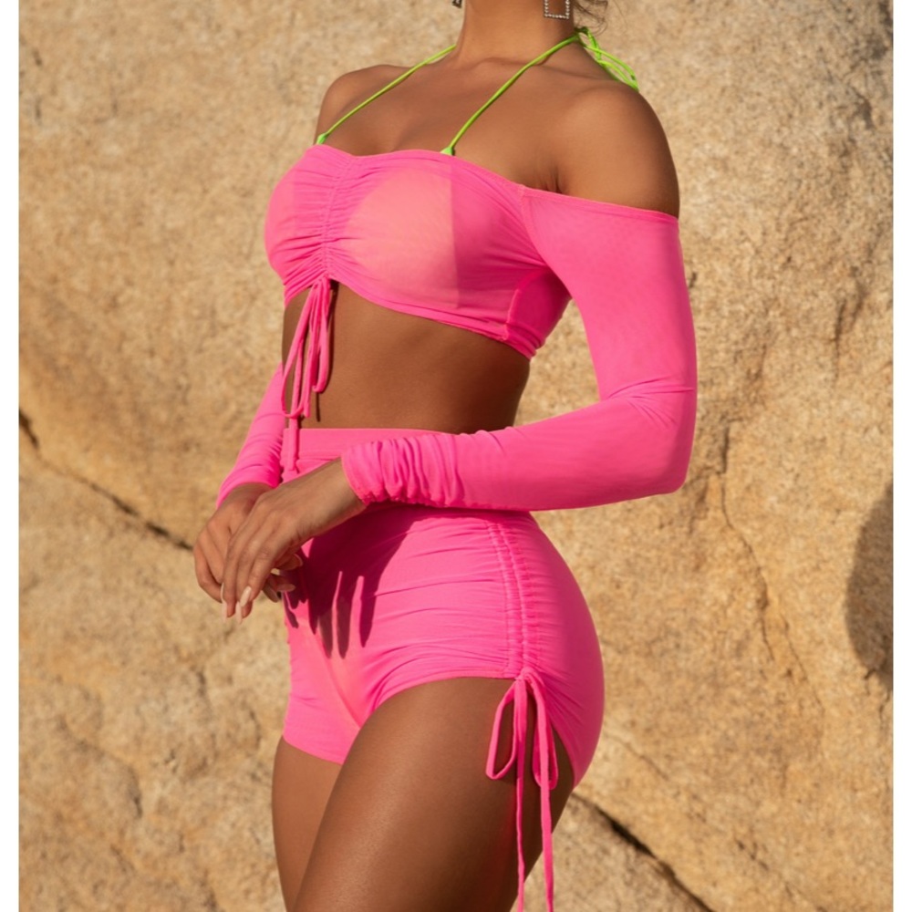 Oh Polly SHEER HIGH WAISTED MESH RUCHED SHORTS